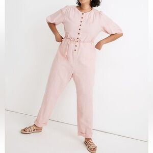 Madewell Linen-Blend Puff-Sleeve Tassel-Tie Jumpsuit Size XL